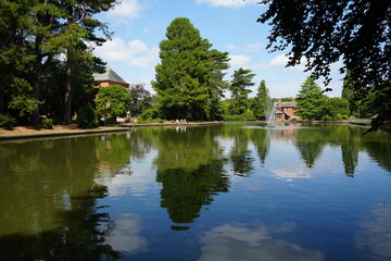 Papplewick Pumping Station, Nottingham, England - August 10 2025: Victorian Cooling Pond and Ornamental Brick Buildings Reflected in Water