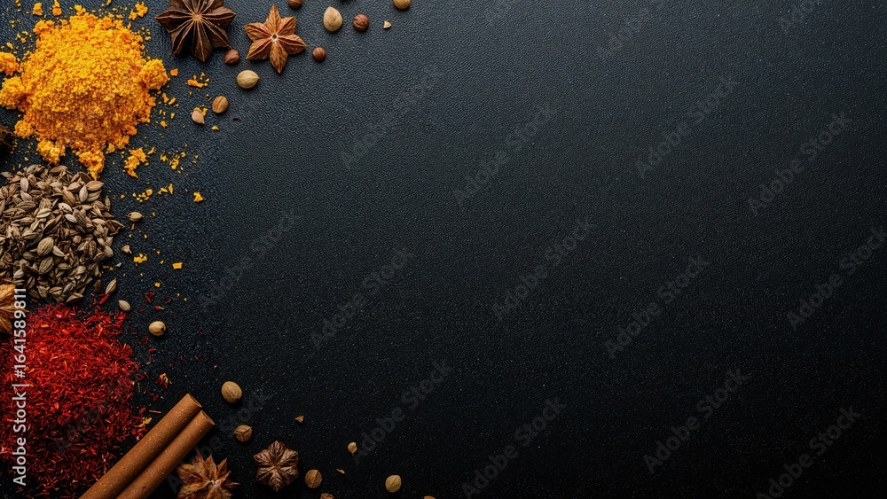Poster assorted fragrant spices placed on a dark table, close-up shot with space for writing