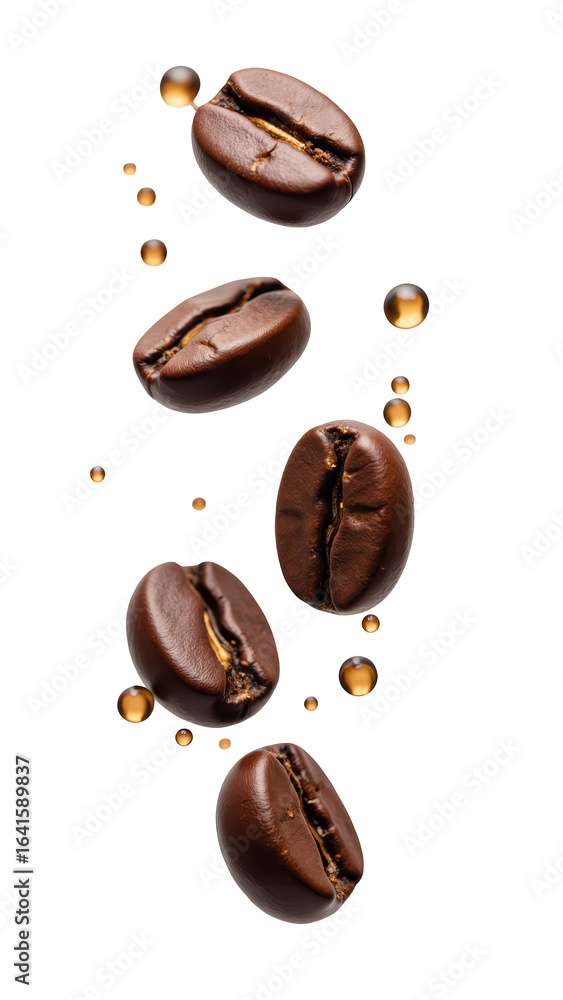 Aufkleber rich coffee beans floating with droplets of coffee essence create captivating visual. glossy surface