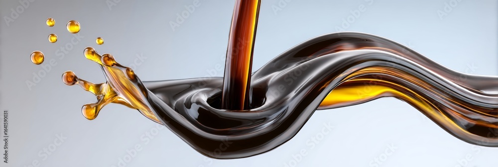 Poster aromatic brown liquid being poured and splashed, creating waves and glossy textures in close-up view
