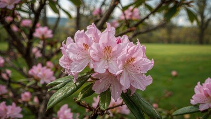 Obraz premium Macro shot of small pink Rhododendron petals flourishing in a green space