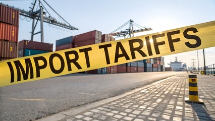 A striking visual metaphor for international trade and economic policies, an imposing banner reads IMPORT TARIFFS is stretched across the shipping containers at the dock.