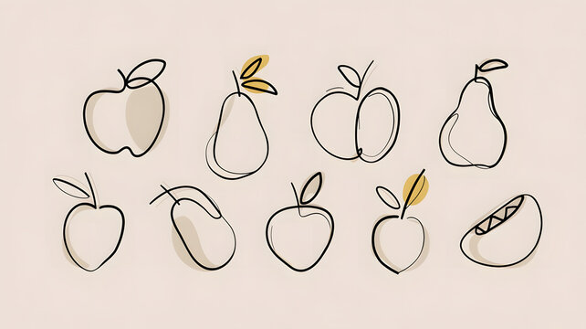 "Minimalist line art drawing of various fruits (apple, pear, peach, lemon) in single continuous stro