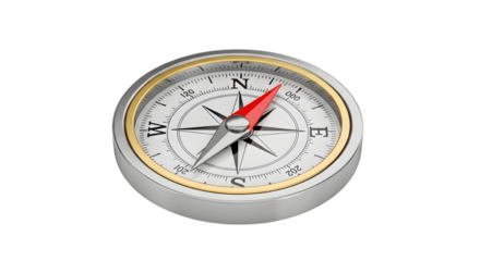 A classic brass and silver compass with a red needle pointing, representing navigation and direction, isolated on a transparent background