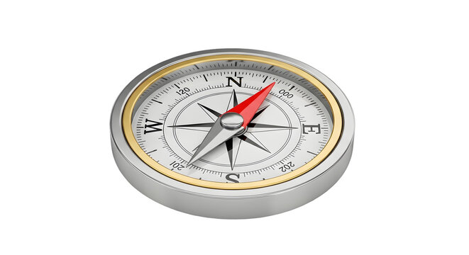 A classic brass and silver compass with a red needle pointing, representing navigation and direction, isolated on a transparent background