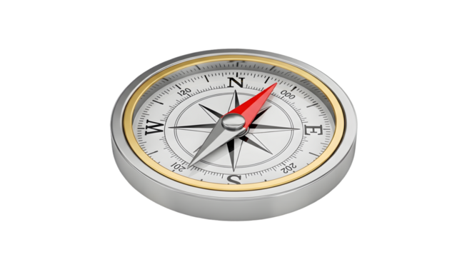 A classic brass and silver compass with a red needle pointing, representing navigation and direction, isolated on a transparent background