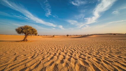 Naklejka premium Sun-drenched sandy terrain featuring scattered trees and a vast sky