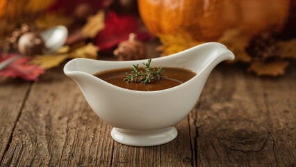 Appetizing turkey gravy paired with sprigs of thyme, detailed view