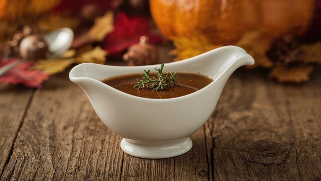 Appetizing turkey gravy paired with sprigs of thyme, detailed view