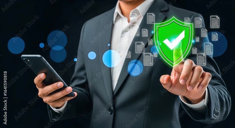 Poster data protection concept: businessman securing information with shield icon on touchscreen, illustrat