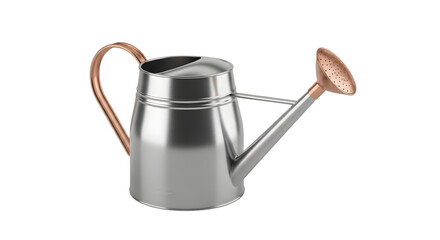 Silver watering can with copper handle and spout, isolated on transparent background
