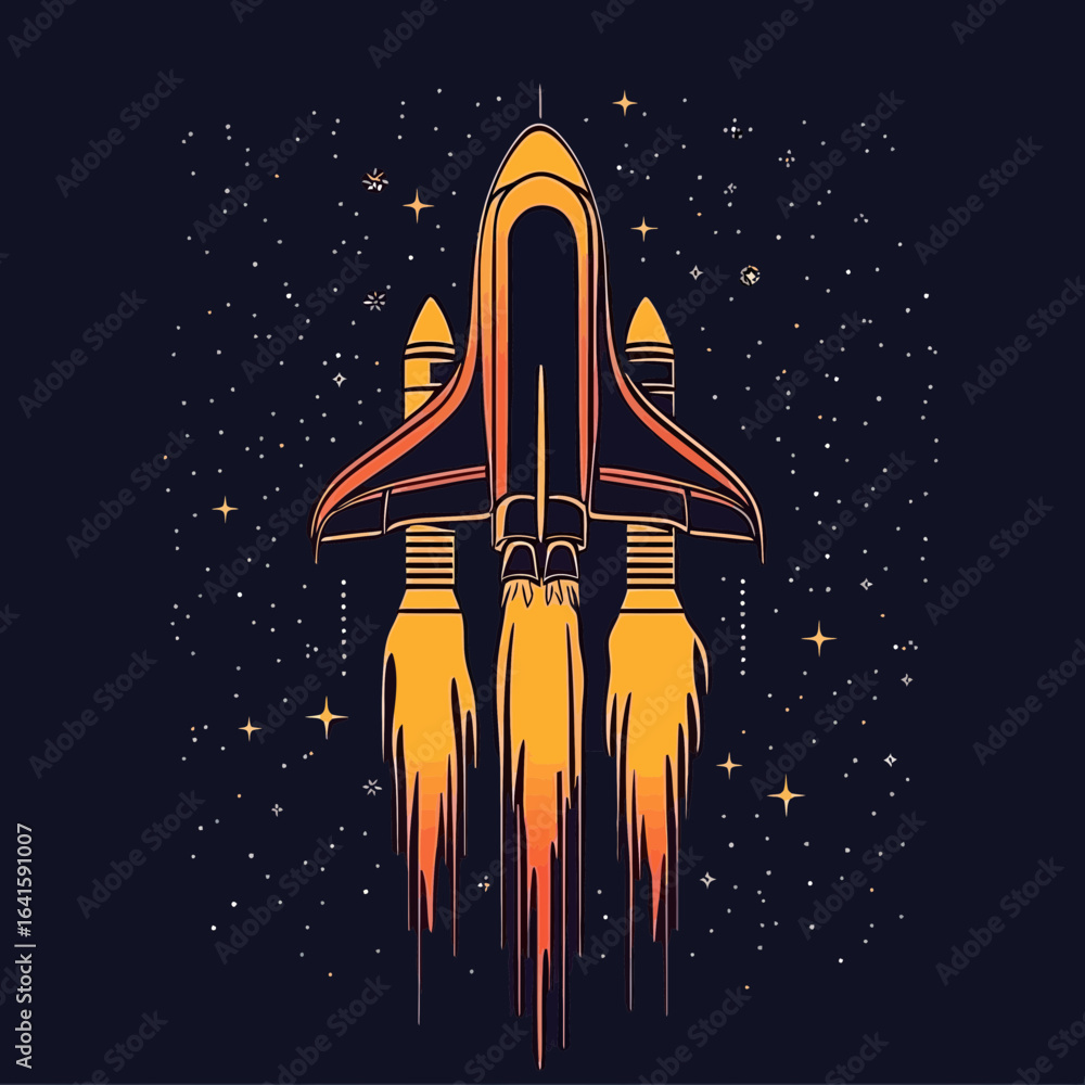 Poster vector illustration of space shuttle rocket launching with fiery flames in starry space background i