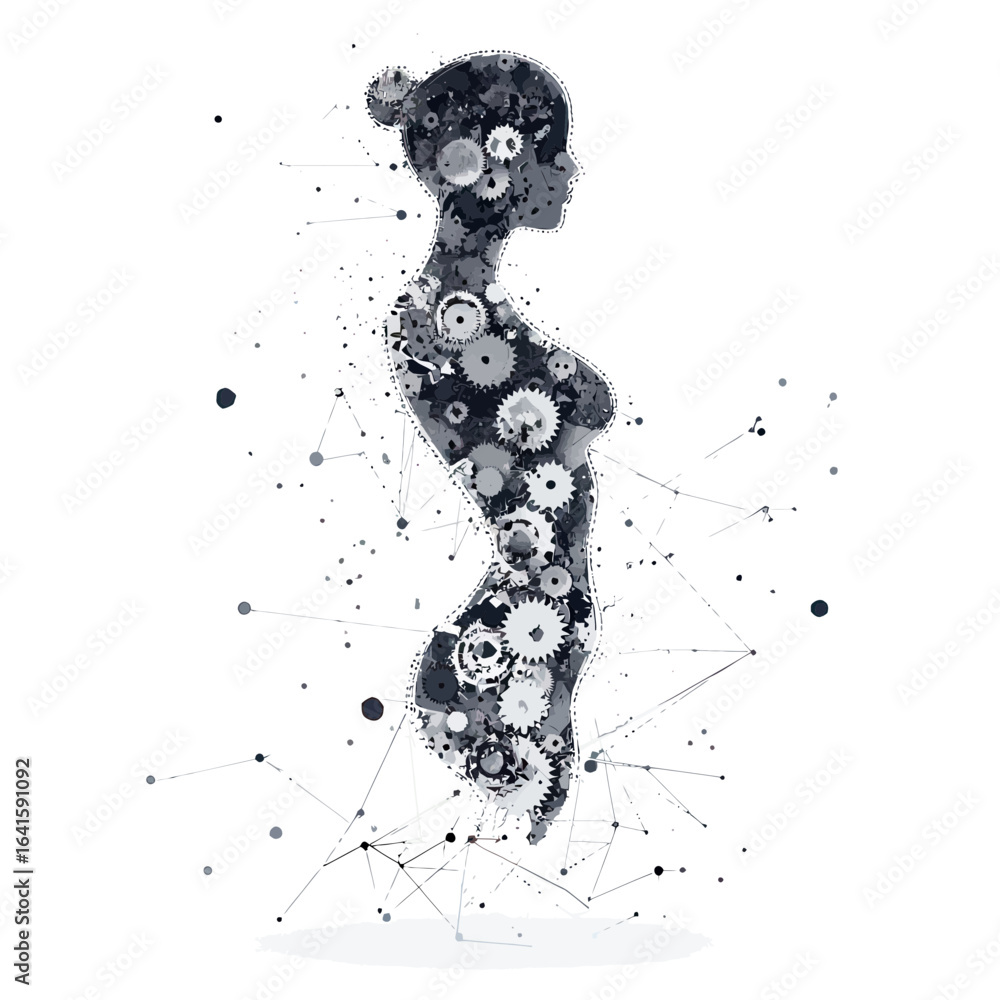 Poster abstract silhouette of a woman composed of interconnected gears and cogs with molecular network stru