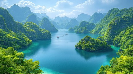 Serene Lagoon Surrounded by Lush Green Mountains
