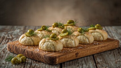 Appetizing herring wraps accompanied by olives, pickles, and fresh dill on a wooden tabletop, detailed shot with room for text.