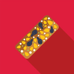 Energy bar made with cereals, nuts and dried fruits lying on a vibrant red background, perfect for a healthy snack