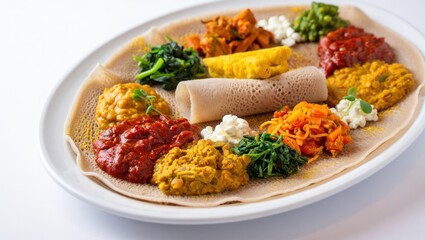 Vibrant Ethiopian Food Platter with Injera and Spiced Dishes