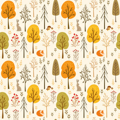 Seamless Autumn Forest Pattern With Fox, Rabbit, and Colorful Trees in Warm Colors