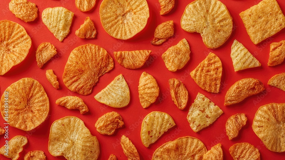 Poster scrumptious selection of potato crisps displayed on a bold red surface