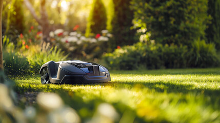 A robotic lawn mower trimming grass in a perfectly maintained garden, with smart AI-controlled navigation