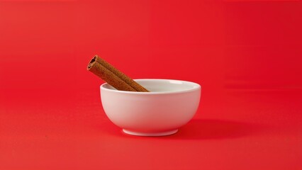 White bowl holding rolled cinnamon sticks set on a striking red and orange surface
