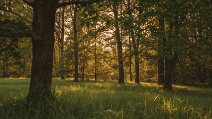 Obraz premium Blurred natural scenery with trees and grass in the daytime summer
