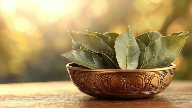  close-up of dried bay leaves in a traditional indian brass spice container video