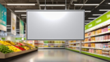Blank Supermarket Signage Mockup Hanging from Ceiling, Retail Space Advertisement Template, Customizable Display