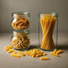 Two glass jars filled with different types of dry pasta with more pasta scattered around on a neutral surface