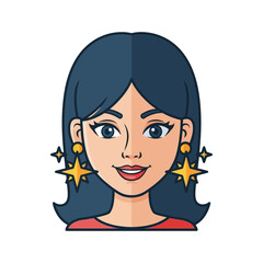 Cartoon woman with dark hair wearing star earrings smiling illustration.