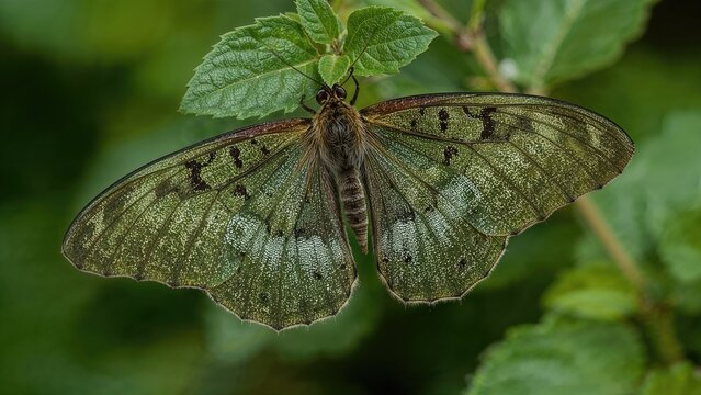 Side perspective of a Silver-studded Leafwing resting on a plant leaf