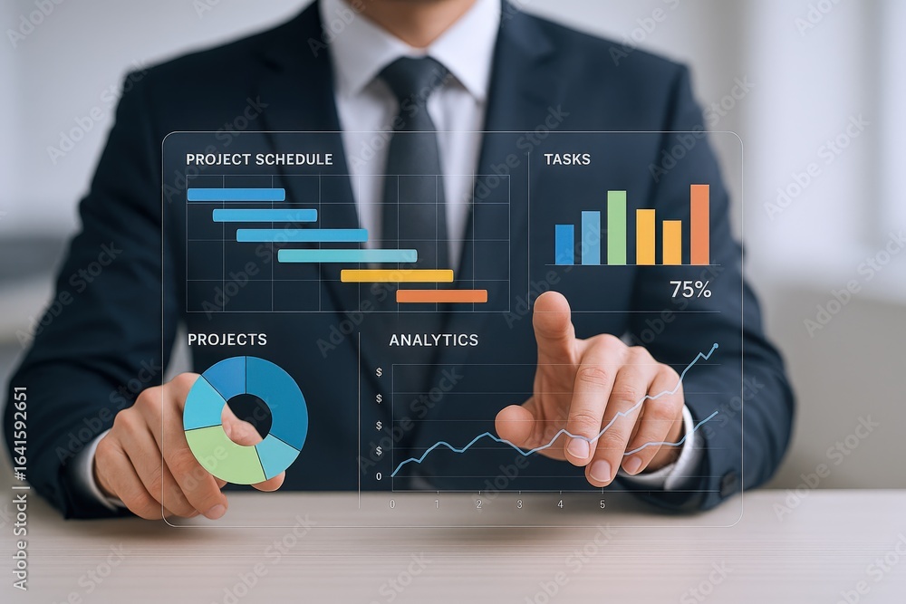 Aufkleber businessman interacting with a digital analytics interface displaying project schedule, tasks, proje