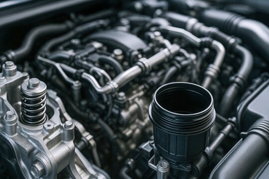 Car Engine Bay Close-Up: Automotive Technology and Mechanical Engineering Power, Precision, and Performance