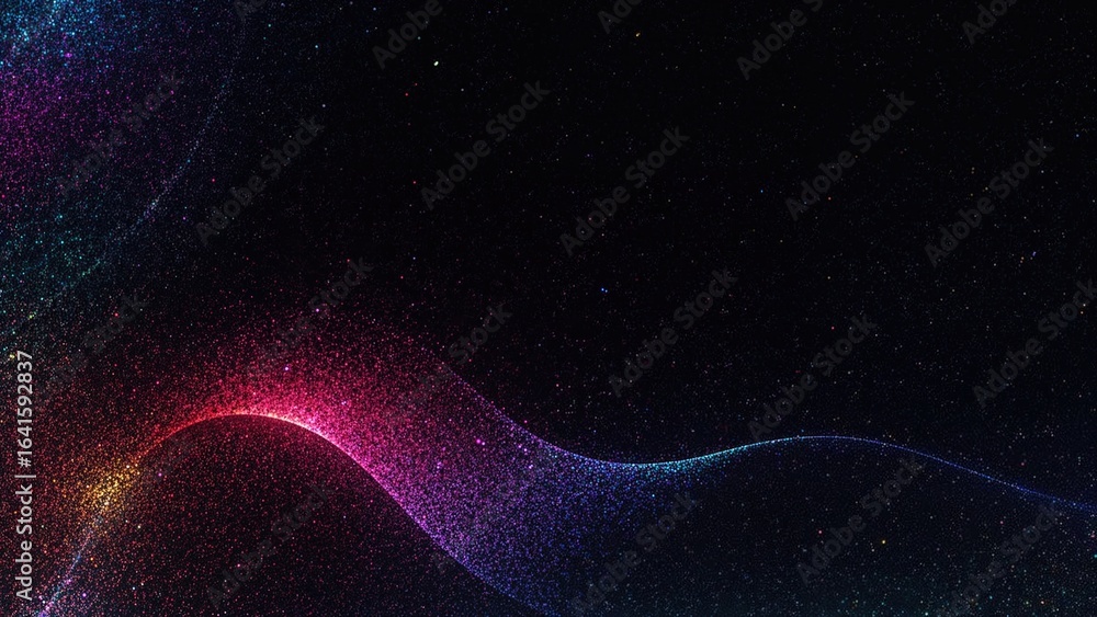 Poster vibrant multicolor wave pattern on a dark textured gradient backdrop with black area for copy