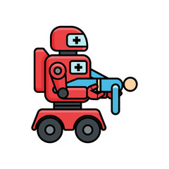 Fototapeta premium Red robot carrying a person with a medical symbol on its chest.