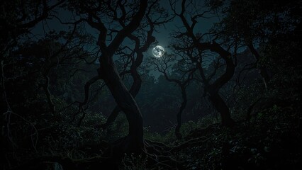 Eerie nighttime woodland scene