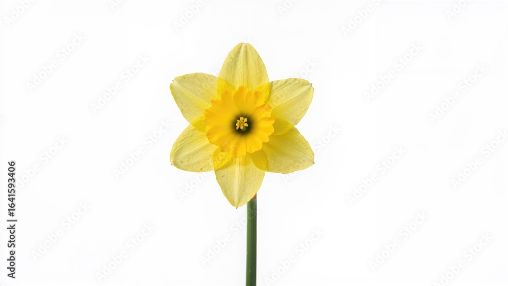Poster isolated yellow daffodil on white with comprehensive focus across entire image