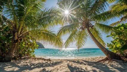 Sunlit tropical shore featuring palm tree shadows on warm sand, with a soft horizon where the beach fades into crystal-clear turquoise waters.