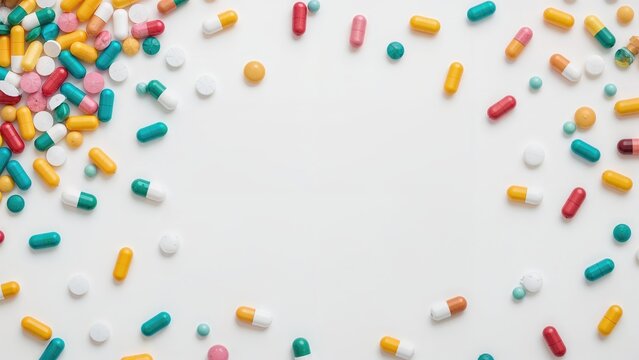 Multicolored medication spilling over a white table signifying modern reliance on drugs - drug manufacturing concept