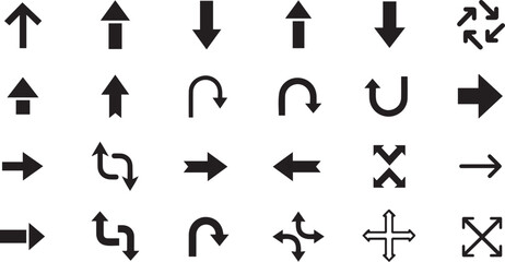 Arrow and Direction Icon Set in Line Style. Editable Collection of 25 Black and White Icons Featuring Straight, Curved, and Multi-Directional Arrows