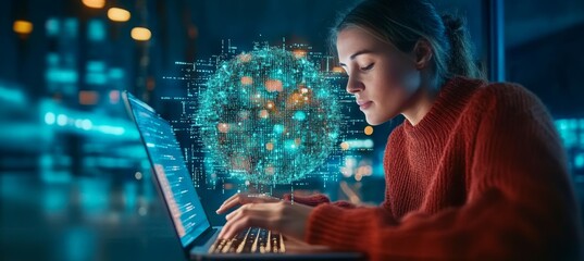 Young woman using laptop with digital data globe, showcasing innovation in science and technology.