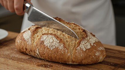 Close-up of slicing freshly baked crusty bread with a large knife on a wooden surface.