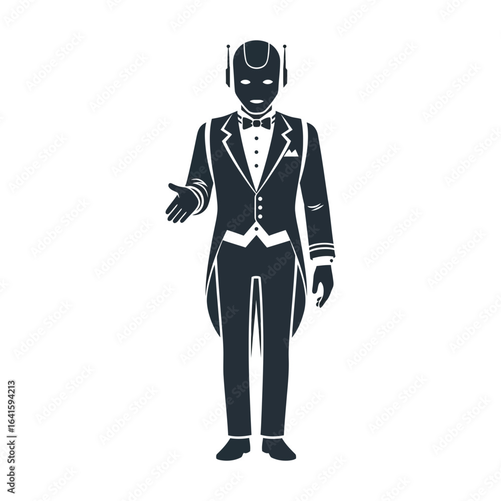 Poster robot in tuxedo stands gesturing with hand wearing gloves.