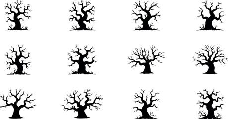 collection of 12 Bare tree silhouette set isolated on transparent background