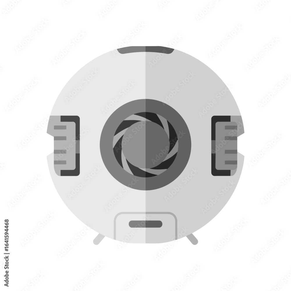 Poster round white object with gray center and three side attachments.