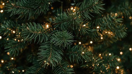 Texture of pine needle branches adorned with twinkling lights, holiday theme
