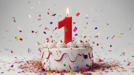 Red birthday cake with candle number 1. White background with confetti falling down. Video for 1st birthday or anniversary party