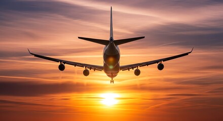 Airplane flying towards sunset sky during dusk