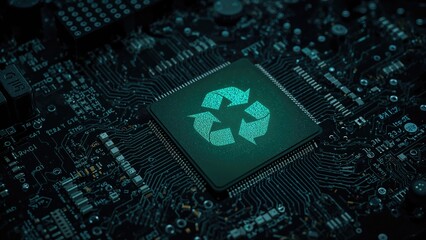 Green technology theme with computer components and recycling sign promoting environmental responsibility