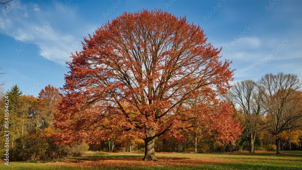 Poster autumn scene featuring a red maple tree with colorful foliage in a public park